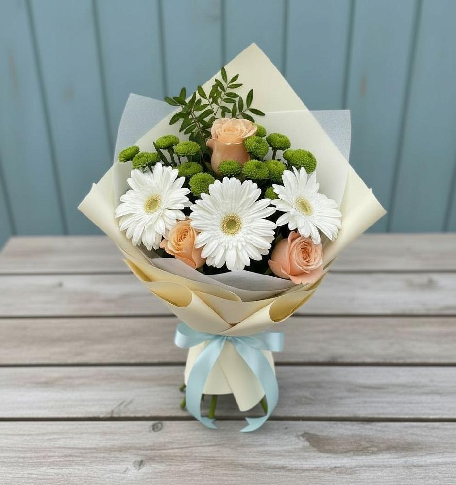 Букет герберы и розы в Дербенте Букет цветов из: Герберы, Розы и Хризантемы в Дербенте