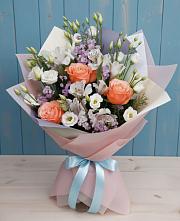 Букет Утренняя свежесть в Дербенте Букет цветов из:  Лизиантусы, Розы, Альстромерии и Гипсофила в Дербенте