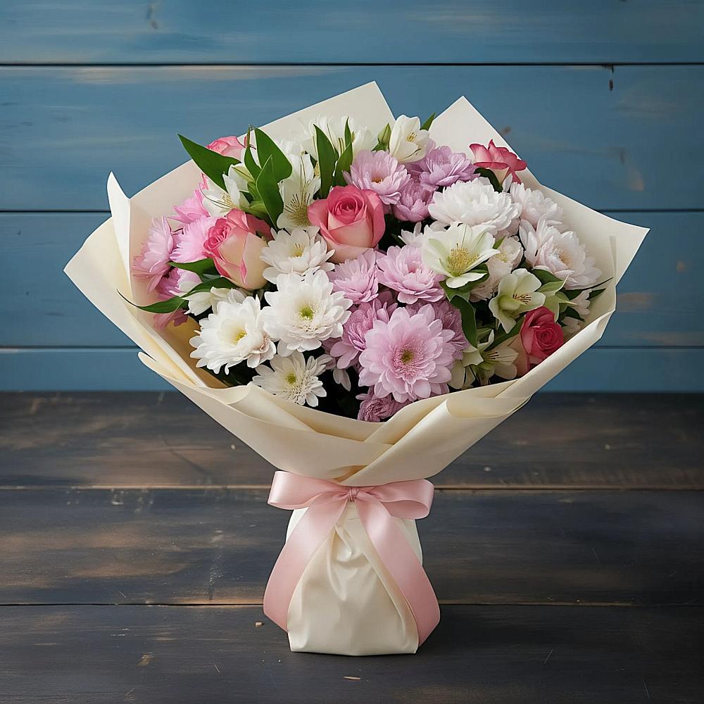 Букет цветов из: Хризантемы, Альстромерии и Розы в Дербенте